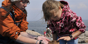A guide interpreter holds a starfish while a young girl touches it carefully with her fingers.