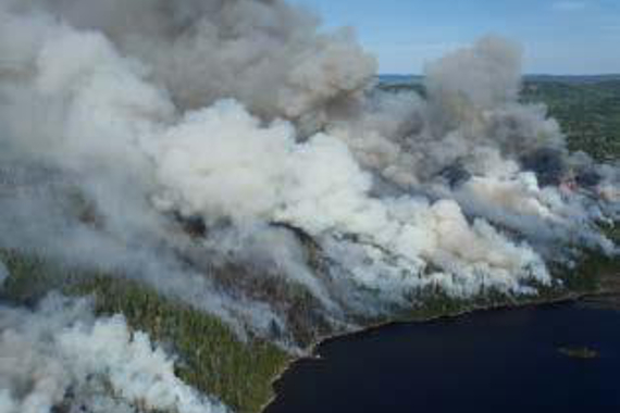 Vue aérienne de panaches de fumée s’élevant d’un feu de forêt en bordure d’un lac.