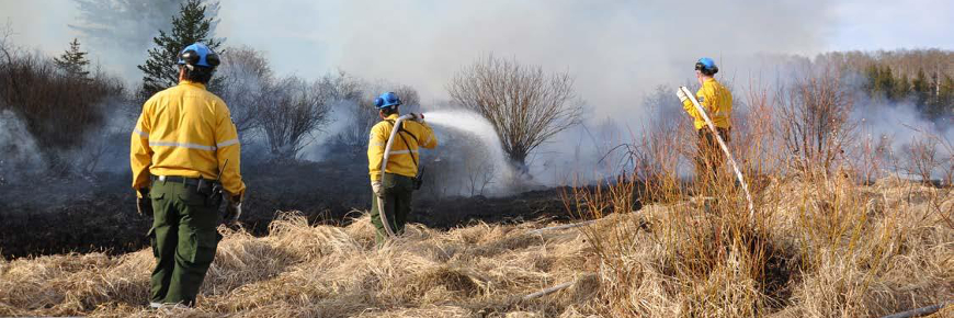 Three people in protective gear carrying water hoses in a smoking landscape.