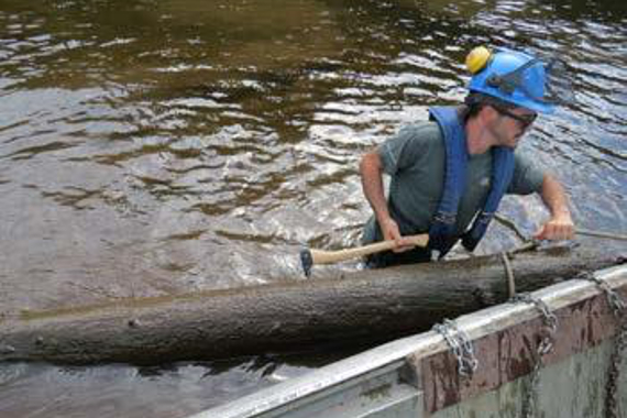 A man in hip-deep water hauling a log using a rope and axe.