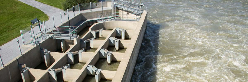 Une échelle à poissons (structure en béton dans la rivière ayant plusieurs petits bassins pour que le poisson puisse passer d'un bassin à l'autre).