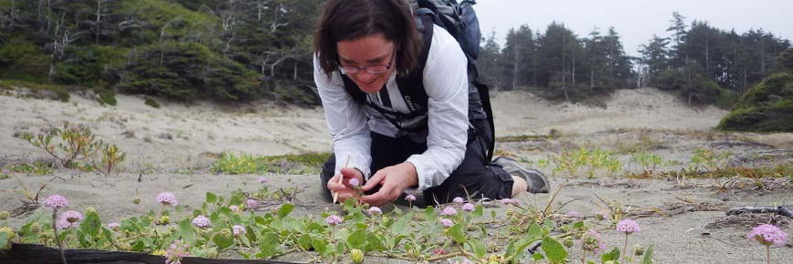 Une femme à genoux examinant une petite fleur rose sur une parcelle de sable.