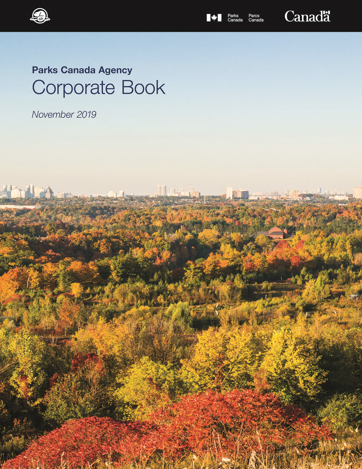 Rouge Urban National Park in the autumn. Text reads: Parks Canada Agency Corporate Book November 2019