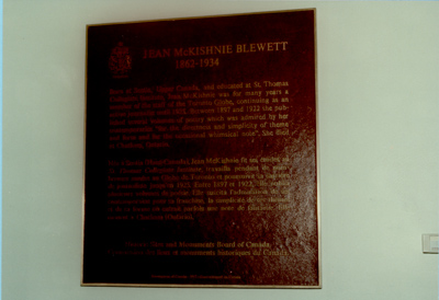 Commemorative plaque for Blewett, Jean (McKishnie) National Historic Person