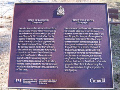 Commemorative plaque for Mazo de la Roche National Historic Person