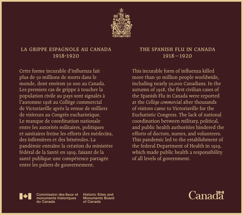 Plaque commémorative - Événement historique national de La grippe espagnole au Canada (1918-1920)