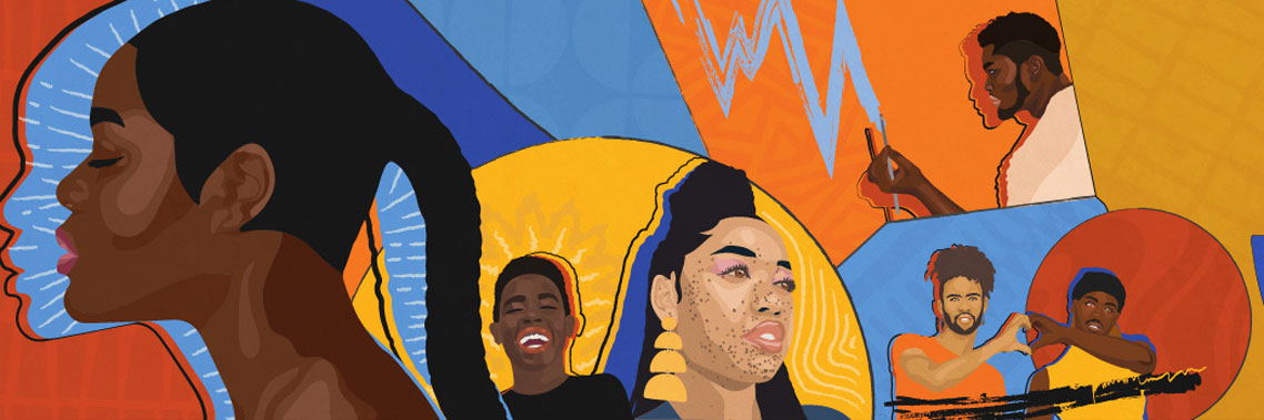 Image portraying vibrant colours such as royal blue, light blue, red, orange, yellow as well as various print-inspired designs found in black communities.
