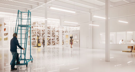 Conception de l'espace d'entreposage dans l'installation d'entreposage des collections. L'espace est blanc et ouvert et contient des étagères de rangement pour les artefacts.