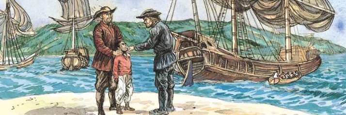 Artwork of two men and a child on a beach 