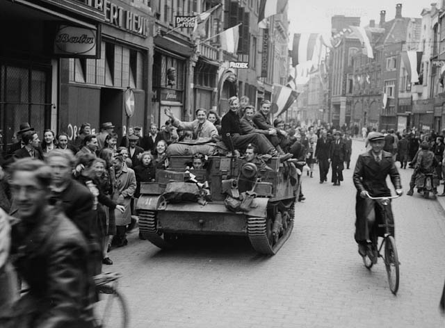 Historic black and white photo of the Netherlands getting liberated
