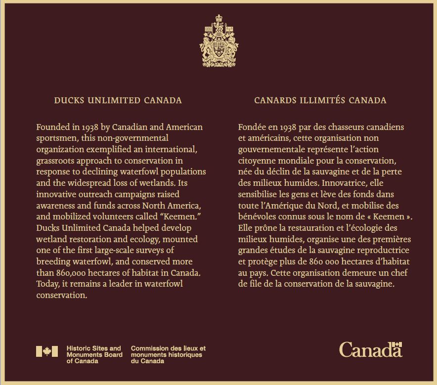 Commemorative plaque for Ducks Unlimited Canada