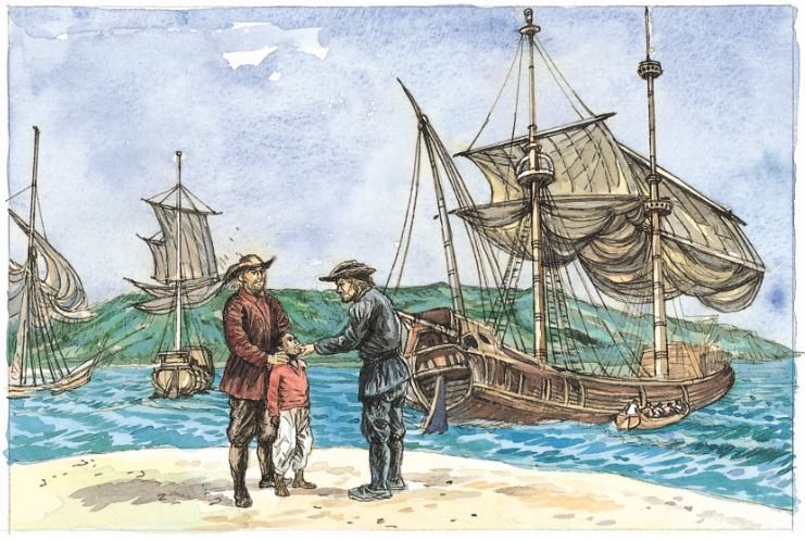 Illustration of two man, a boy and a ship