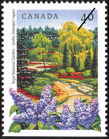Image d'un timbre historique montrant un jardin coloré