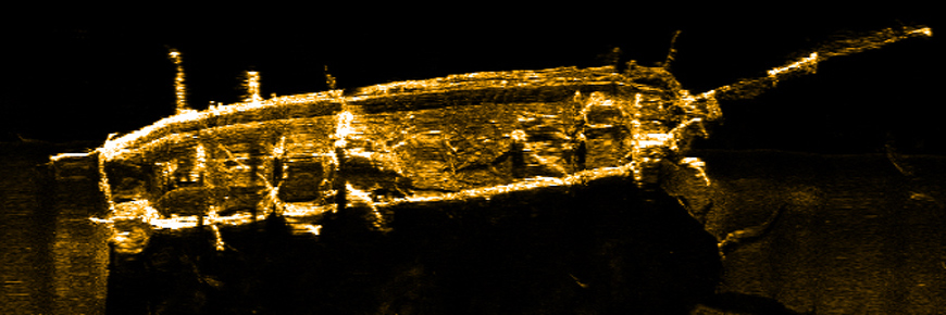 Sonar image of sailing ship from above.