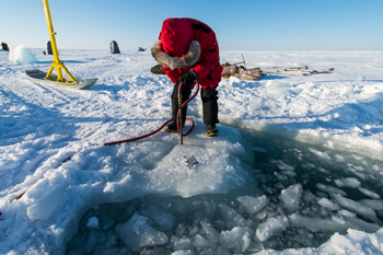 Un archéologue vêtu d’un parka rouge se penche sur la mer gelée pour forer un trou dans l’épaisse glace.