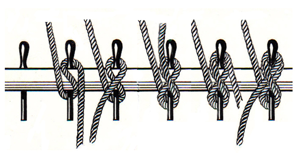 Illustration of belaying pins with attached rigging ropes.