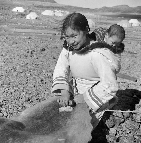 Inuit woman with baby on her back scraping a hide.