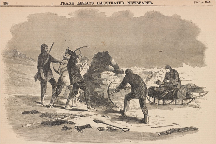 Illustration of men at the Victory Point cairn.