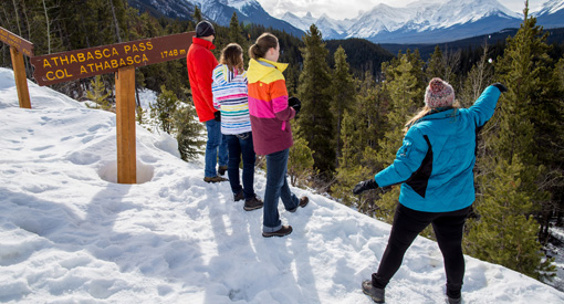 Famille admirant un paysage de montagnes près d’une pancarte de bois indiquant le Col Athabasca
