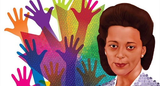 Illustration representing Viola Desmond in front of a maple leaf mosaic 