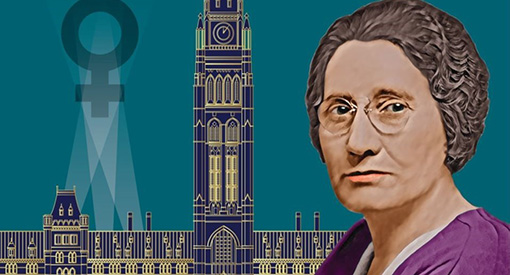 Illustration representing Agnes Campbell Macphail next to the Parliament of Ottawa