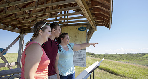 Des visiteurs consultent les panneaux d'interprétation et explorent les belvédères du lieu historique national du Canada de la Bataille-de-la-Coulée-des-Tourond – Fish Creek