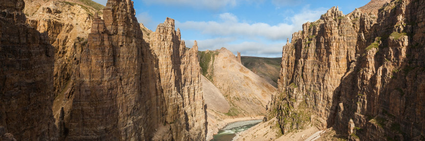 Steep canyon with river flowing through it in Tuktut Nogait National Park.