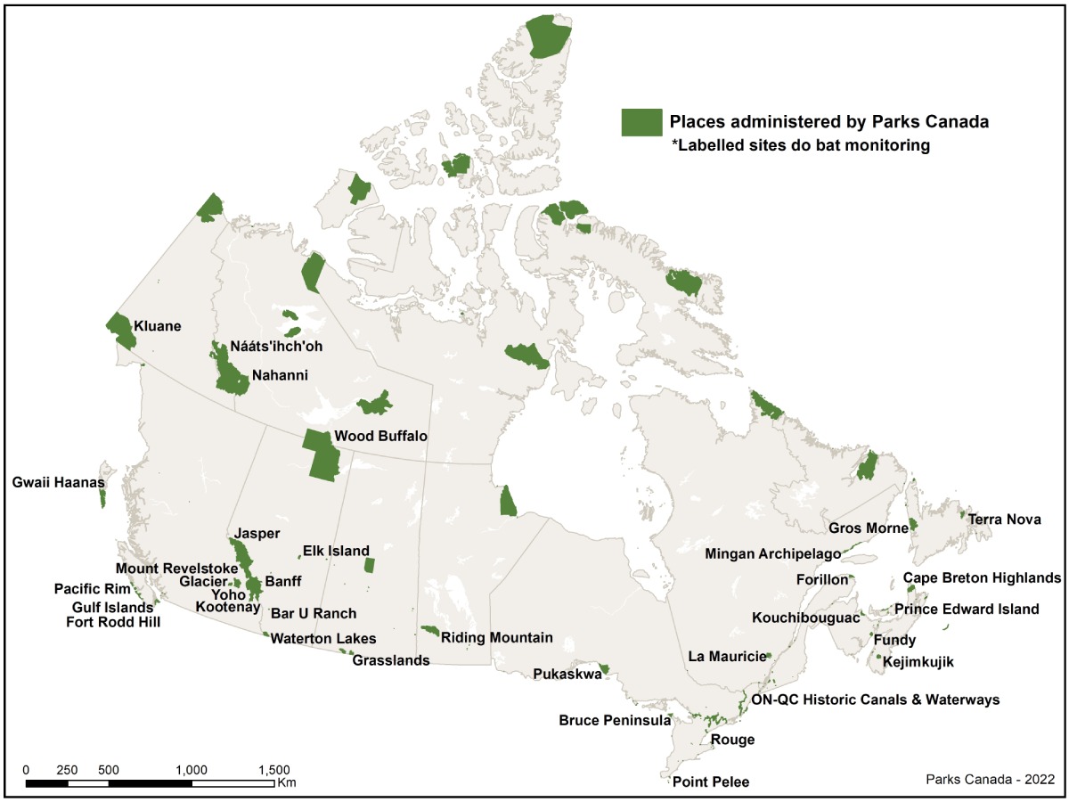 A map of Canada showing places administered by Parks Canada that do bat monitoring work, represented by green polygons with site labels.