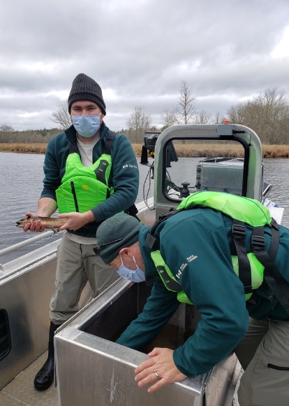 Un membre du personnel de Parcs Canada tient un poisson pendant qu’un autre fouille dans un conteneur à bord d’un bateau.