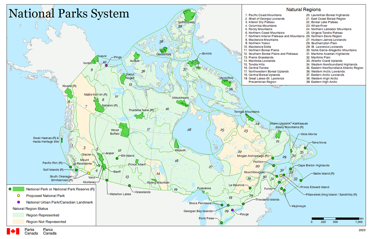 A map of Canada shows progress towards completing Canada's national park system