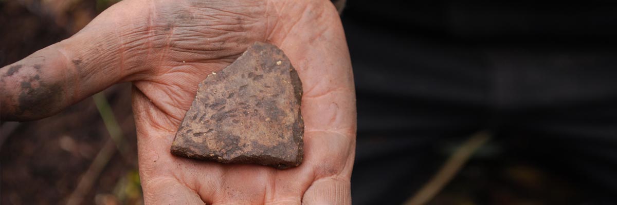 Un fragment de céramique marron est tenu dans la paume d'une main. 