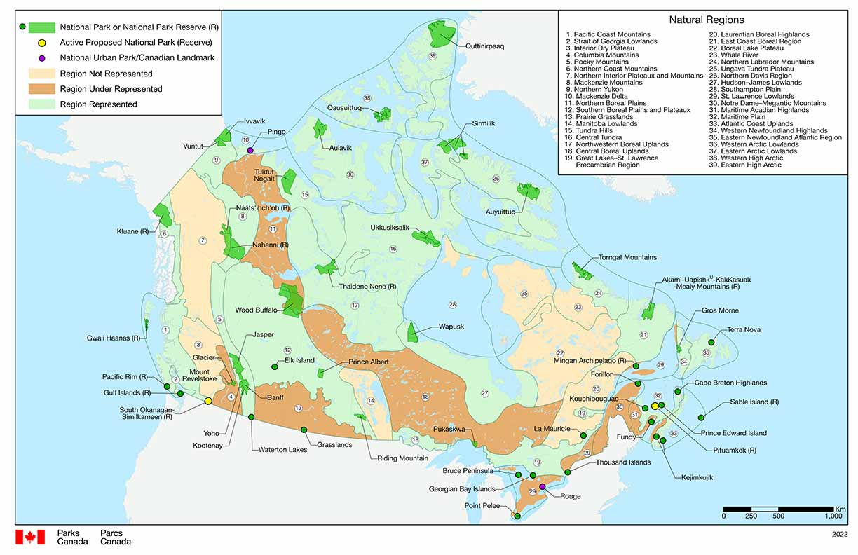 Map of national parks and national park reserves in Canada