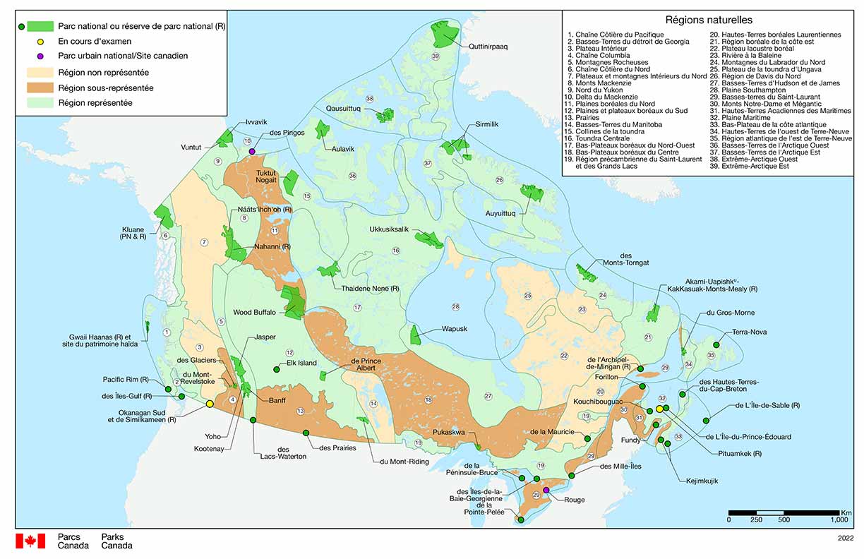 Carte des parcs nationaux, des réserves de parc national et des propositions de parcs nationaux en cours au Canada