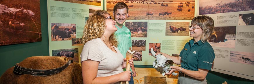 Un couple avec un guide de Parcs Canada devant une exposition d’interprétation sur les bisons.