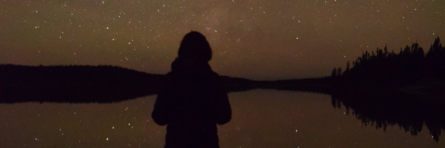Visitor’s silhouette against the night sky at Sandy Pond.