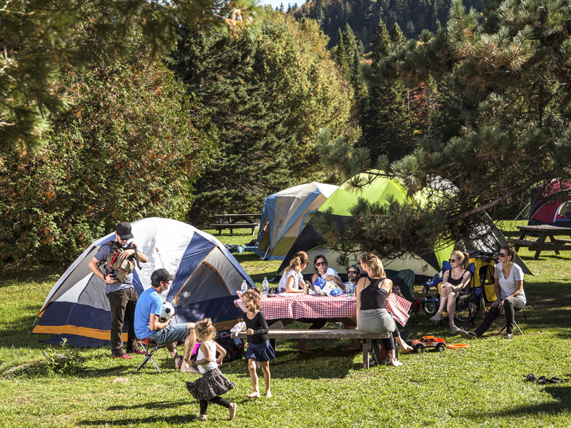 Un groupe de jeunes adultes et d'enfants sont à proximité d'une table de pique-nique et de plusieurs tentes.
