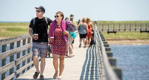 Young couple walking the Kellys Beach boardwalk.
