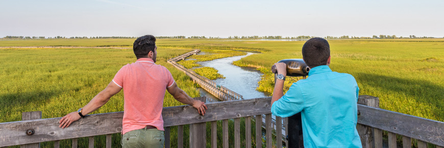 Deux visiteurs profitent de la vue panoramique sur le marais.