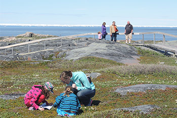 A young family observing plants on the shoreline.