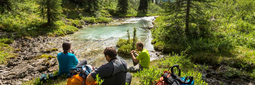 Three hikers rest near the Grizzly Bear Hot Springs.