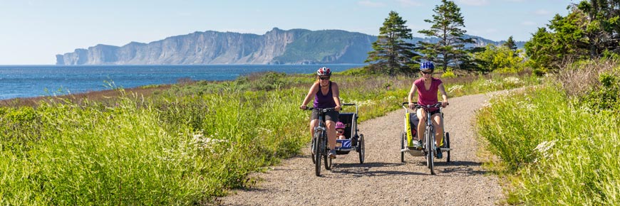Two cyclists with trailers on a path by the sea.