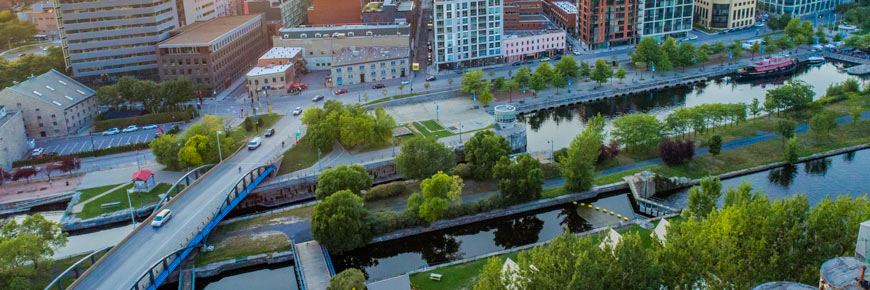 Aerial view of Lachine Canal in downtown.