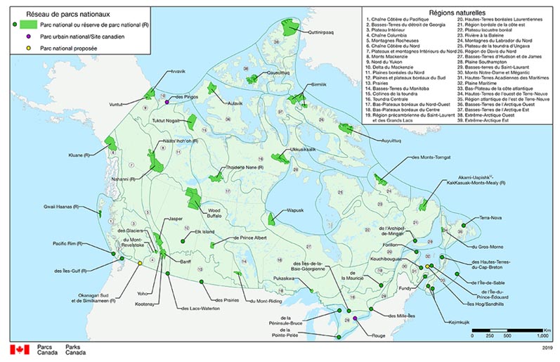 Carte du plan du réseau des parcs nationaux du Canada