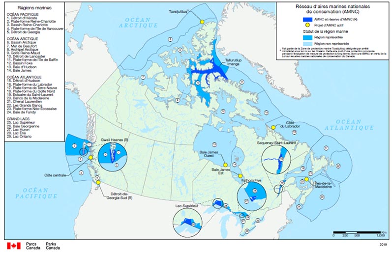 Carte des aires marines nationales de conservation (AMNC) du Canada