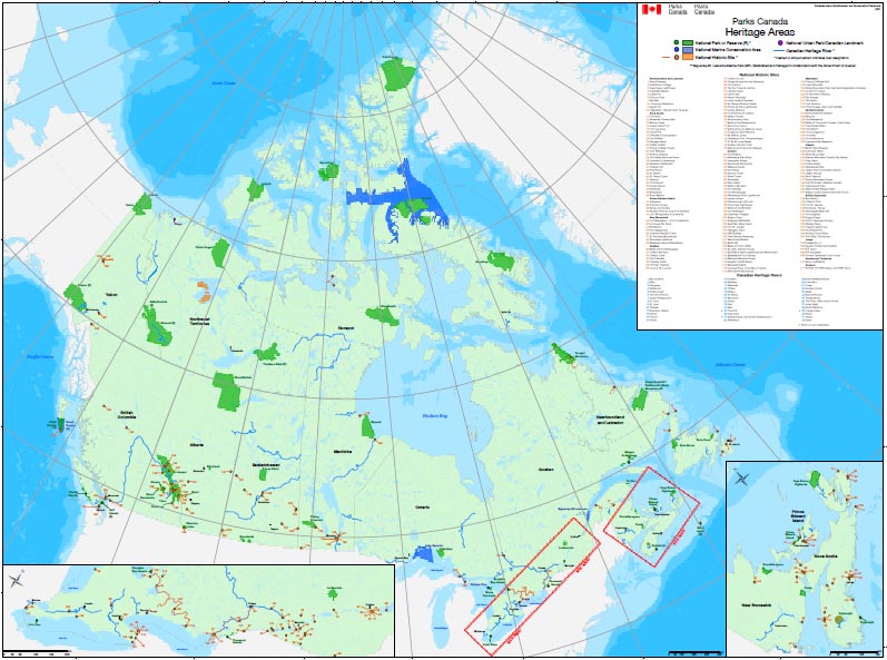 A map of the Parks Canada Heritage Areas