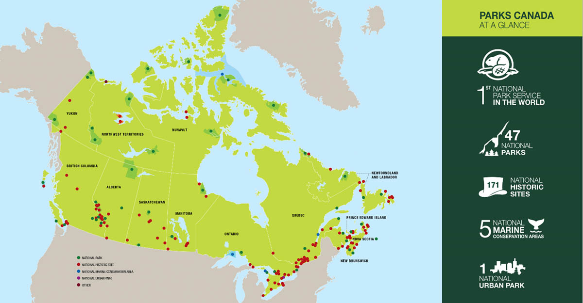 A map of Canada detailing Parks Canada places