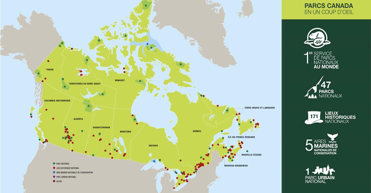 Une carte montrant l'emplacement des lieux de Parcs Canada