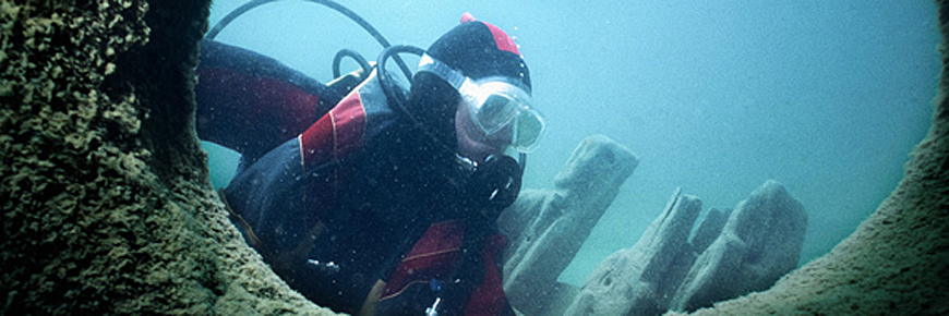 A diver explores a shipwreck. 