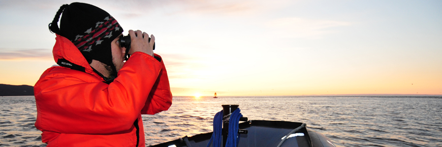 Un visiteur sur un bateau pneumatique scrute la mer avec des jumelles.