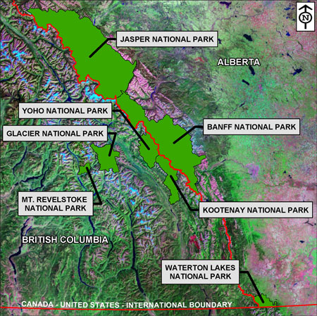 map of the Mountain Parks - showing Southern Rockies, Continental divide, northeastern slopes overlaid on map showing park boundaries.